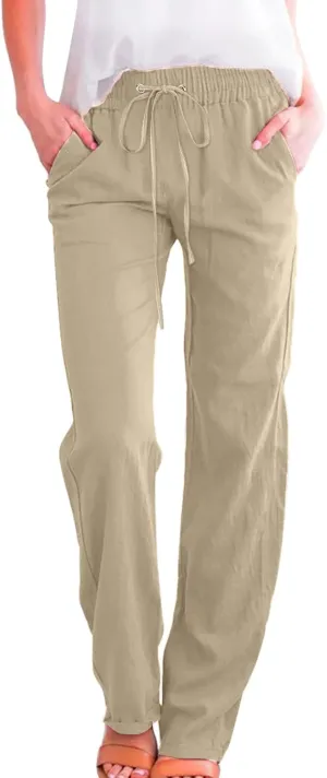 Linen Pants Women Straigth Leg Work Pants Summer Drawstring High Waisted Yoga Pants Loose Fit Comfy Cotton Casual Trousers