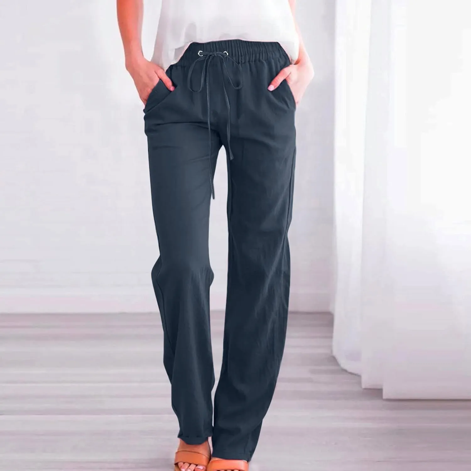Linen Pants Women Straigth Leg Work Pants Summer Drawstring High Waisted Yoga Pants Loose Fit Comfy Cotton Casual Trousers