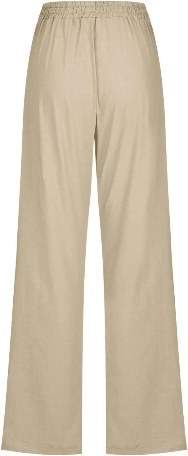 Linen Pants Women Straigth Leg Work Pants Summer Drawstring High Waisted Yoga Pants Loose Fit Comfy Cotton Casual Trousers