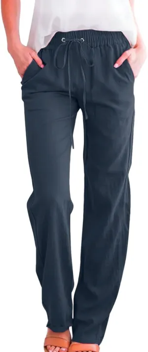 Linen Pants Women Straigth Leg Work Pants Summer Drawstring High Waisted Yoga Pants Loose Fit Comfy Cotton Casual Trousers