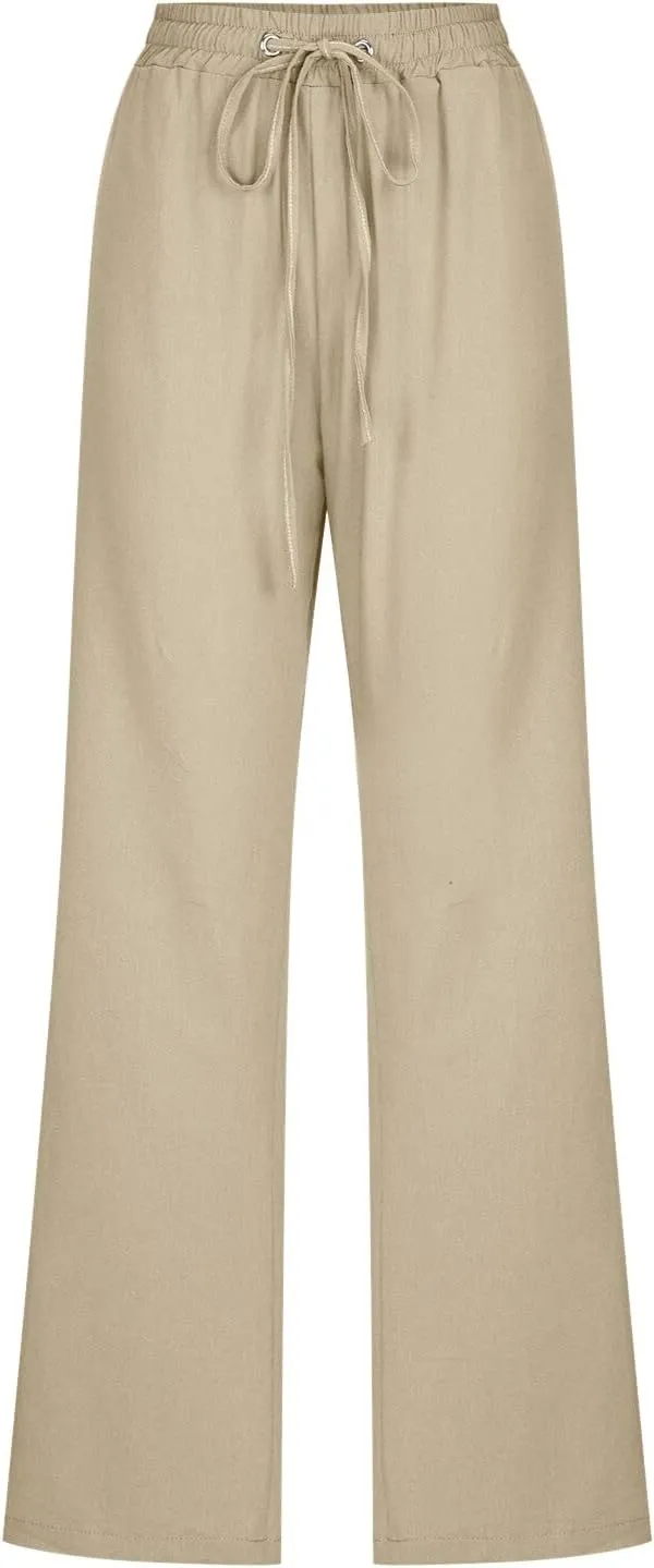 Linen Pants Women Straigth Leg Work Pants Summer Drawstring High Waisted Yoga Pants Loose Fit Comfy Cotton Casual Trousers