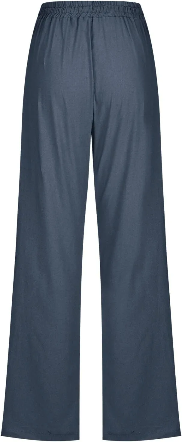 Linen Pants Women Straigth Leg Work Pants Summer Drawstring High Waisted Yoga Pants Loose Fit Comfy Cotton Casual Trousers