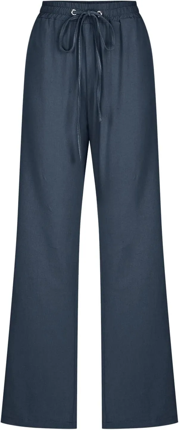Linen Pants Women Straigth Leg Work Pants Summer Drawstring High Waisted Yoga Pants Loose Fit Comfy Cotton Casual Trousers