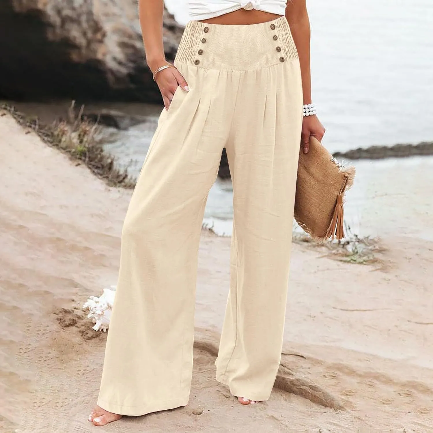 Linen Pants Women Summer Baggy Casual Wide Leg Pants Flowy Palazzo Beach Pants High Waist Work Trousers with Pockets