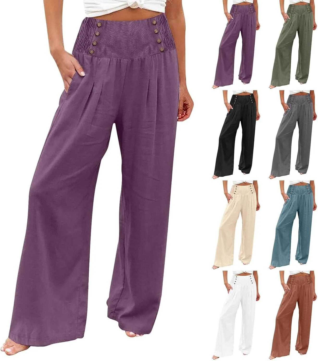 Linen Pants Women Summer Baggy Casual Wide Leg Pants Flowy Palazzo Beach Pants High Waist Work Trousers with Pockets