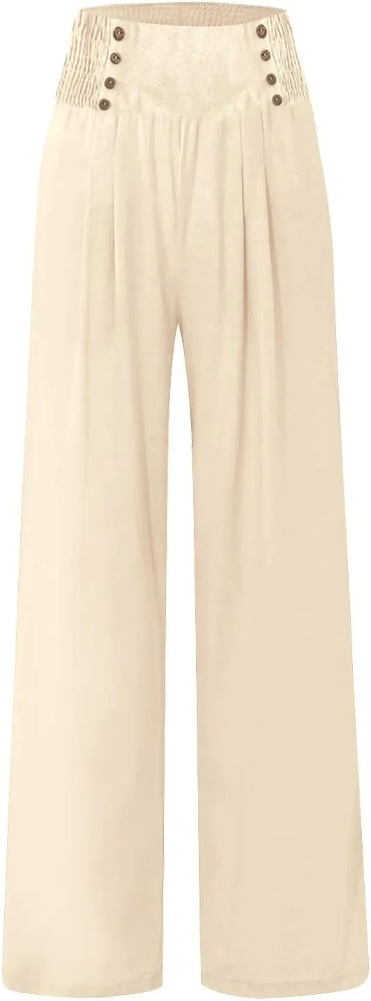 Linen Pants Women Summer Baggy Casual Wide Leg Pants Flowy Palazzo Beach Pants High Waist Work Trousers with Pockets