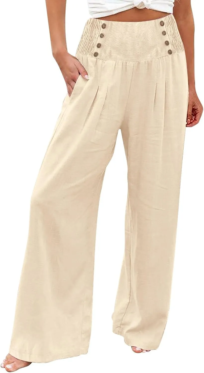 Linen Pants Women Summer Baggy Casual Wide Leg Pants Flowy Palazzo Beach Pants High Waist Work Trousers with Pockets