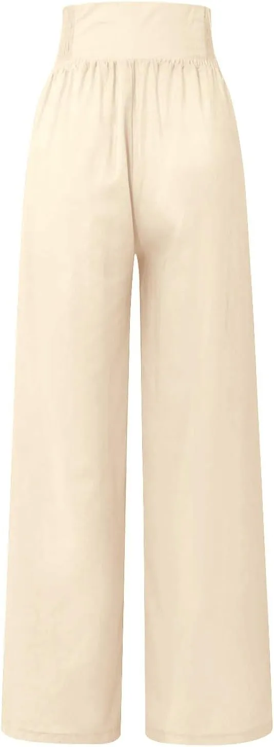Linen Pants Women Summer Baggy Casual Wide Leg Pants Flowy Palazzo Beach Pants High Waist Work Trousers with Pockets