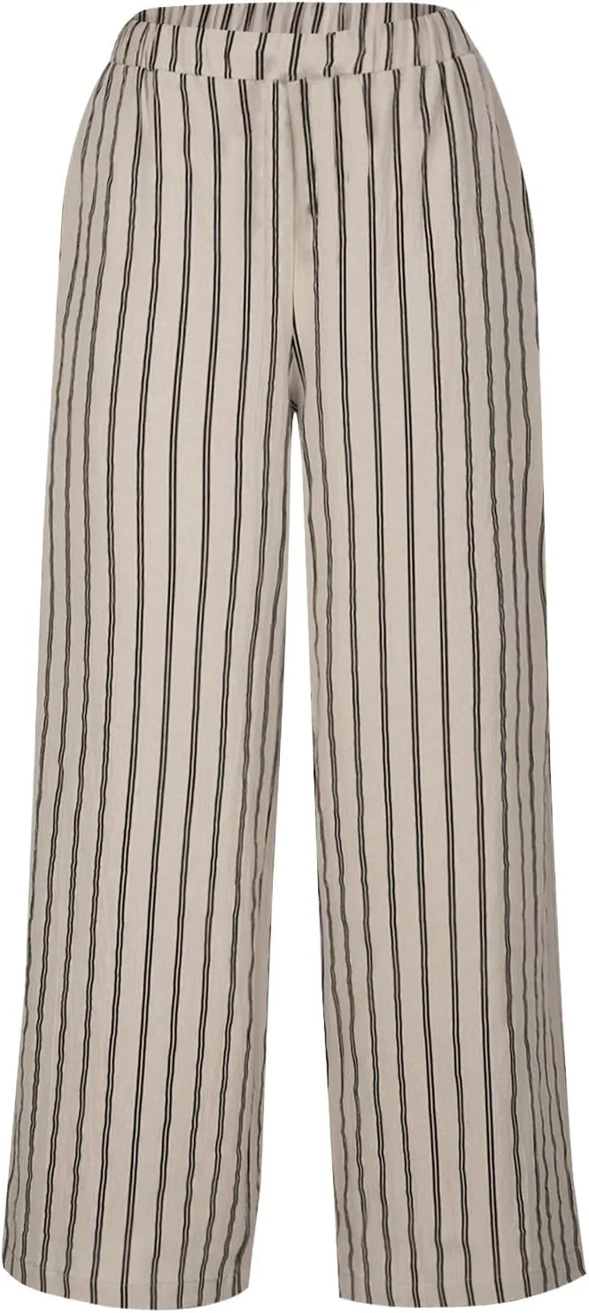 Linen Pants Women Summer Casual Loose Travel Wide Leg Flowy Pants Boho Elastic Waist Linen Beach Pants Trousers