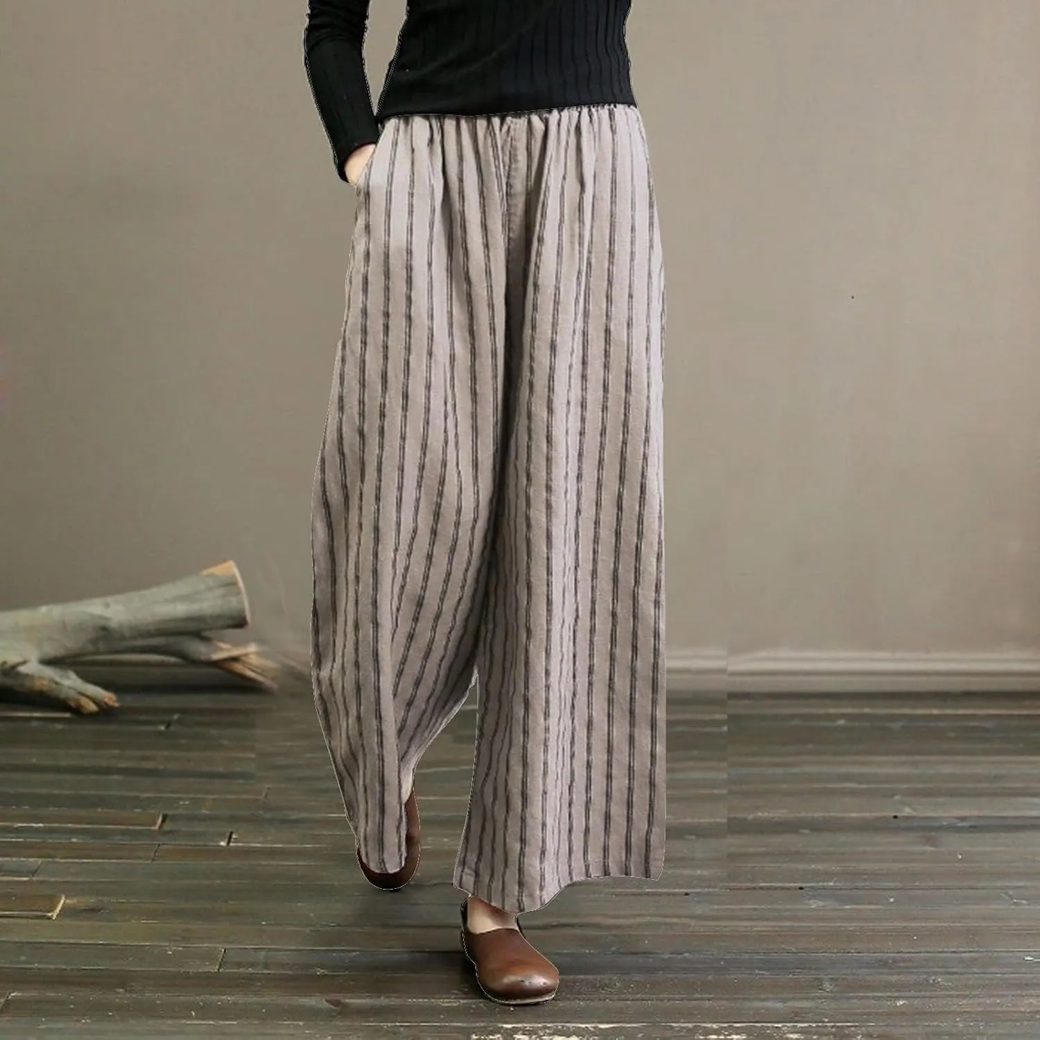 Linen Pants Women Summer Casual Loose Travel Wide Leg Flowy Pants Boho Elastic Waist Linen Beach Pants Trousers