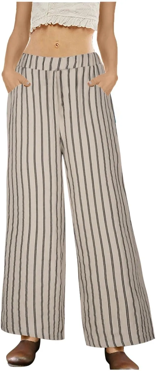 Linen Pants Women Summer Casual Loose Travel Wide Leg Flowy Pants Boho Elastic Waist Linen Beach Pants Trousers