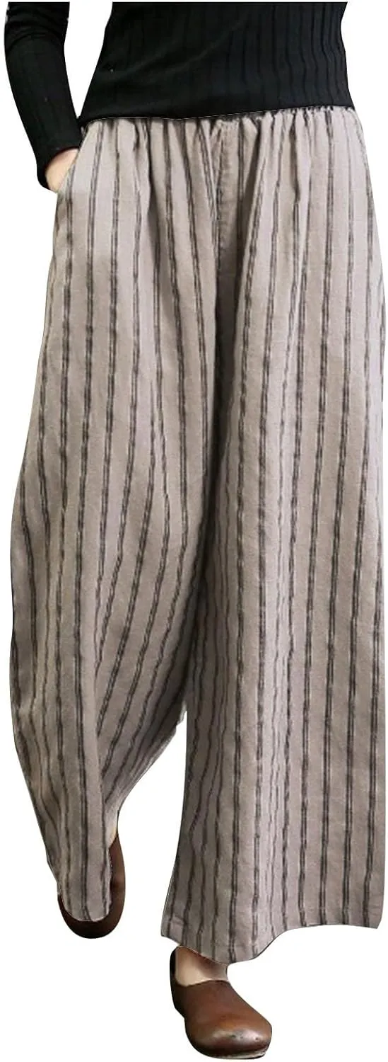 Linen Pants Women Summer Casual Loose Travel Wide Leg Flowy Pants Boho Elastic Waist Linen Beach Pants Trousers