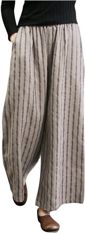 Linen Pants Women Summer Casual Loose Travel Wide Leg Flowy Pants Boho Elastic Waist Linen Beach Pants Trousers