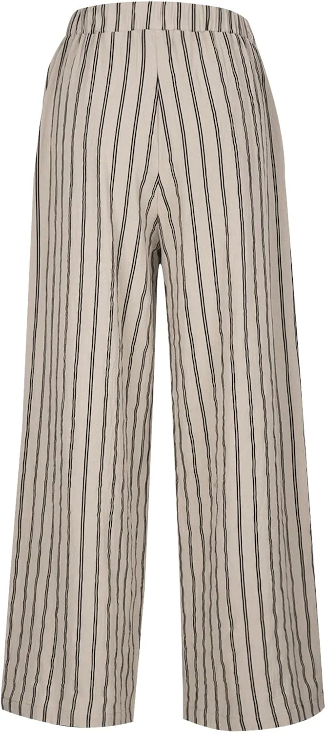 Linen Pants Women Summer Casual Loose Travel Wide Leg Flowy Pants Boho Elastic Waist Linen Beach Pants Trousers