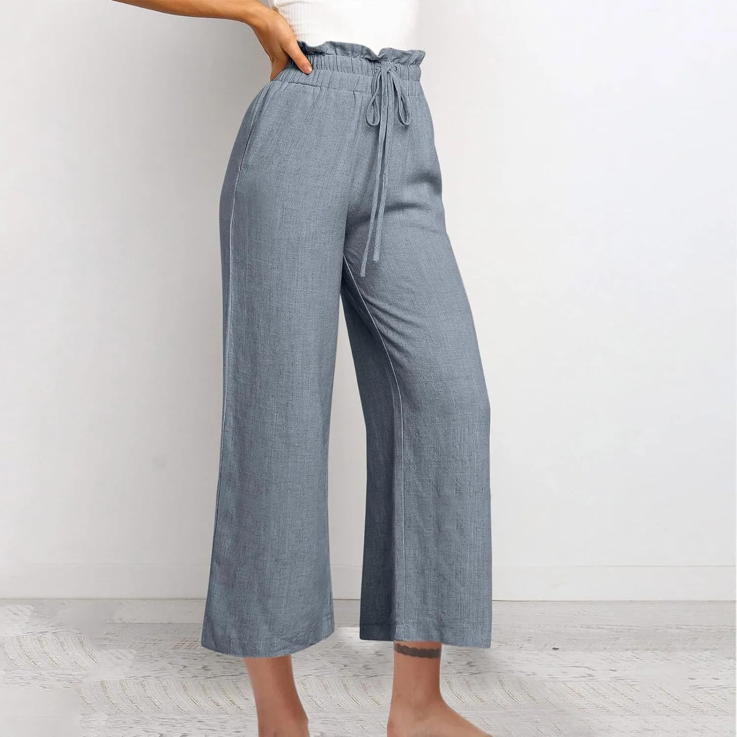 Linen Pants Women Summer Casual Loose Wide Leg Flowy Pants Business Work Travel Plus Size Pants Trousers with Pckets