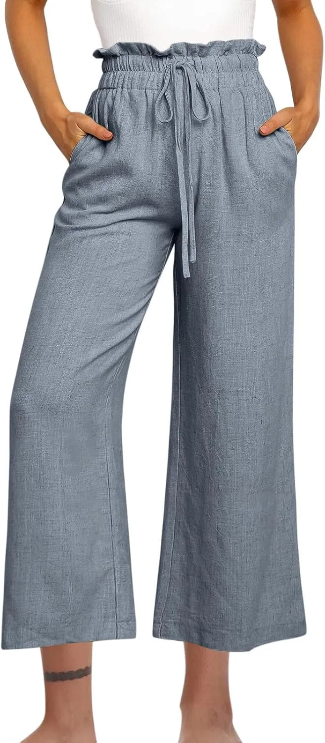 Linen Pants Women Summer Casual Loose Wide Leg Flowy Pants Business Work Travel Plus Size Pants Trousers with Pckets