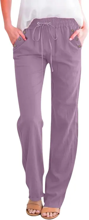 Linen Pants Women Summer Drawstring High Waist Straight Leg Pants Casual Dressy Work Pants Vacation Beach Trousers Pockets