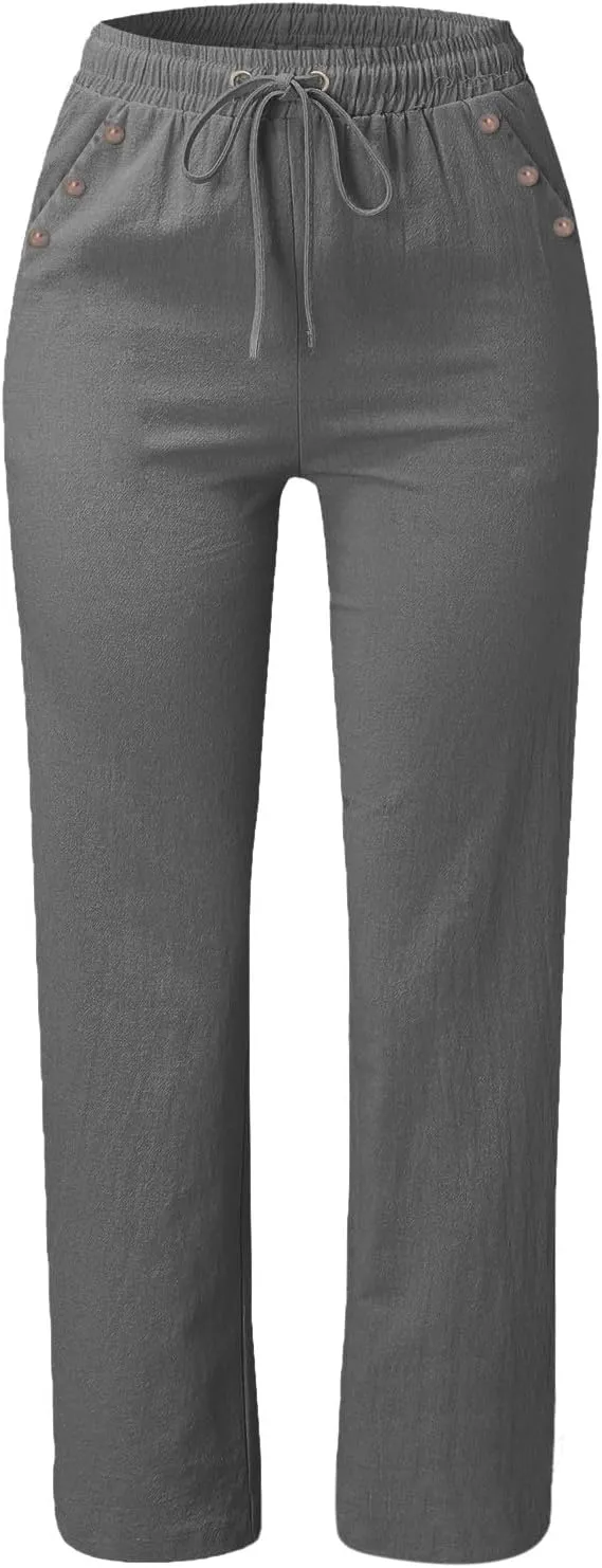 Linen Pants Women Summer Drawstring High Waist Straight Leg Pants Casual Dressy Work Pants Vacation Beach Trousers Pockets
