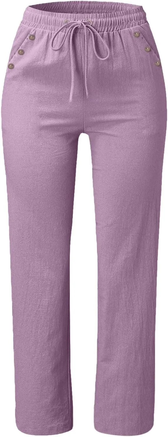 Linen Pants Women Summer Drawstring High Waist Straight Leg Pants Casual Dressy Work Pants Vacation Beach Trousers Pockets