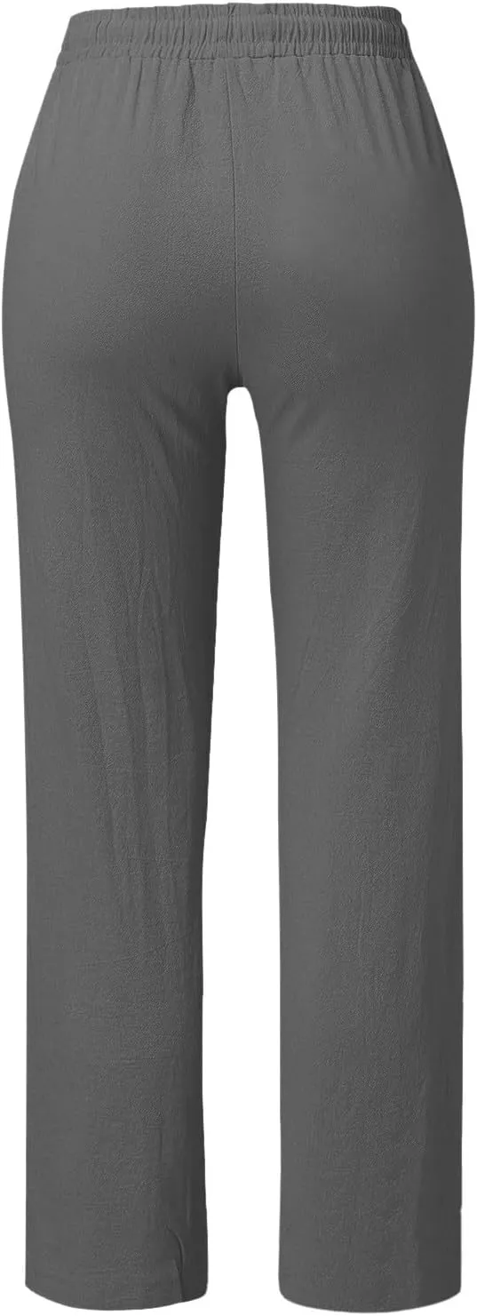 Linen Pants Women Summer Drawstring High Waist Straight Leg Pants Casual Dressy Work Pants Vacation Beach Trousers Pockets