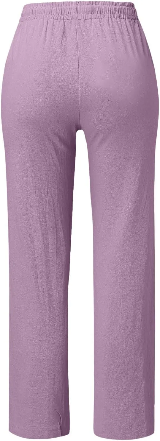 Linen Pants Women Summer Drawstring High Waist Straight Leg Pants Casual Dressy Work Pants Vacation Beach Trousers Pockets