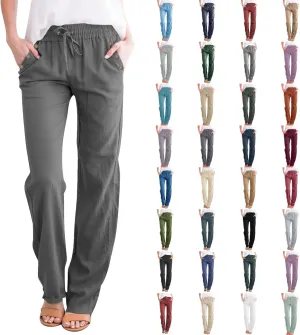 Linen Pants Women Summer Drawstring High Waist Straight Leg Pants Casual Dressy Work Pants Vacation Beach Trousers Pockets
