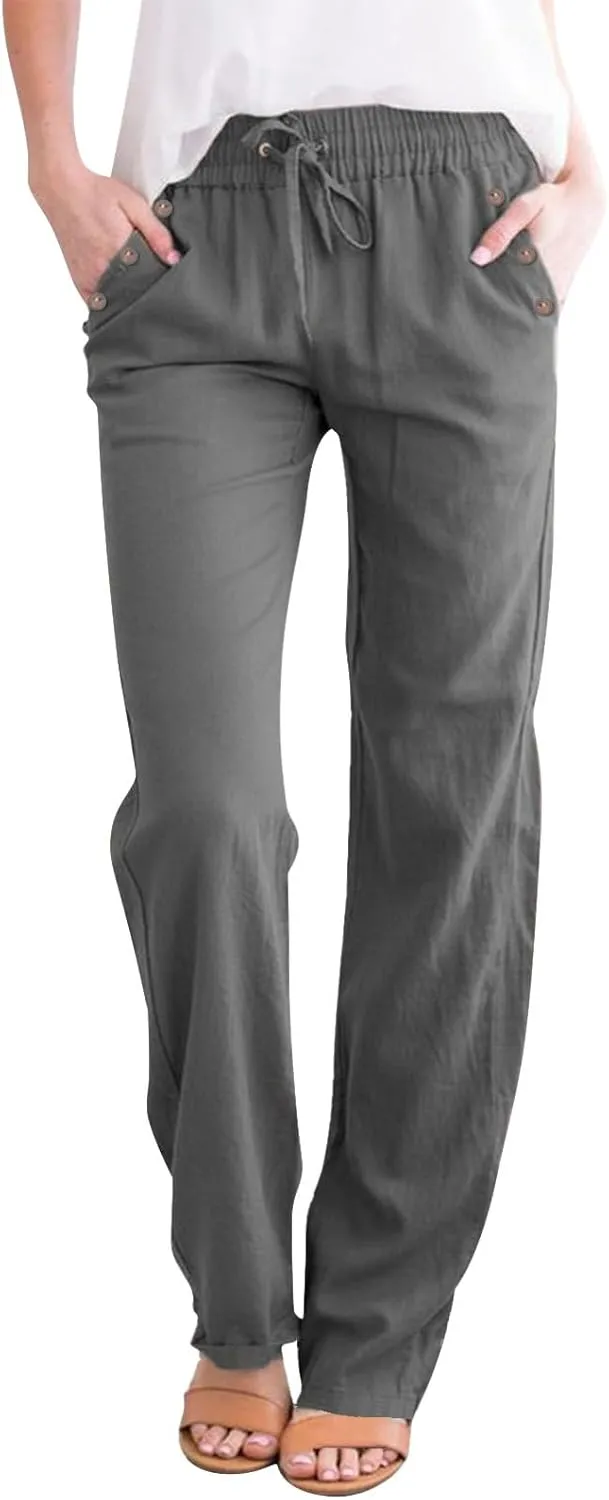 Linen Pants Women Summer Drawstring High Waist Straight Leg Pants Casual Dressy Work Pants Vacation Beach Trousers Pockets