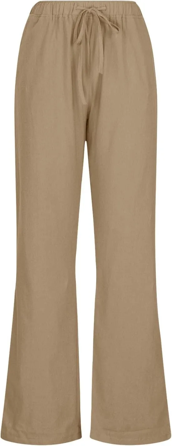 Linen Pants Women Summer Drawstring High Waisted Linen Palazzo Pants Wide Leg Lounge Pant Casual Beach Trousers