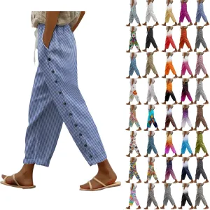 Linen Pants Women Summer Floral Solid Long Palazzo Pants High Waist Wide Leg Pant Trendy Lounge Beach Trousers with Pockets