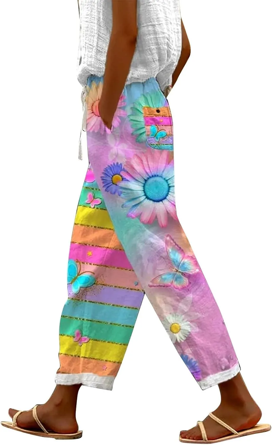 Linen Pants Women Summer Floral Solid Long Palazzo Pants High Waist Wide Leg Pant Trendy Lounge Beach Trousers with Pockets