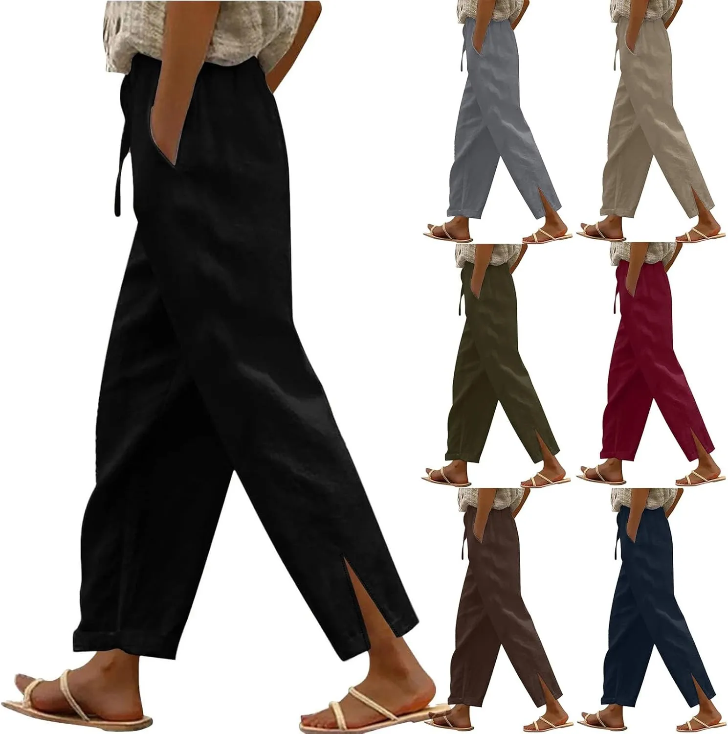 Linen Pants Women Summer High Waist Wide Leg Side Slit Trousers Casual Loose Fit Drawstring Waist Beach Palazzo