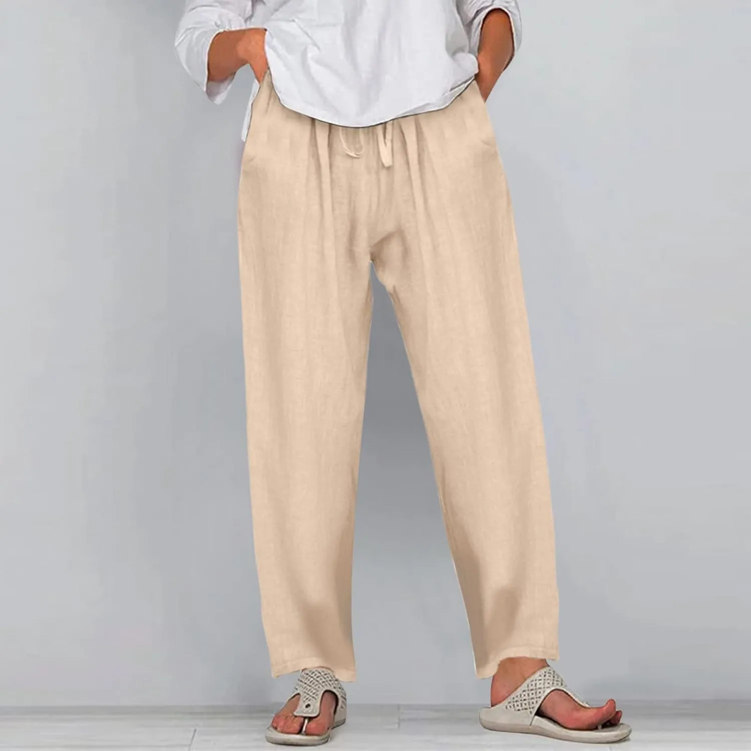 Linen Pants Women Summer High Waisted Drawstring Lounge Pants Wide Leg Beach Casual Trousers with Pockets