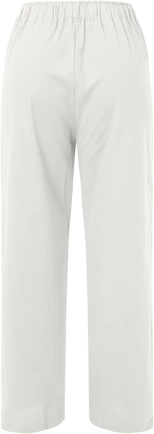 Linen Pants Women Summer High Waisted Drawstring Lounge Pants Wide Leg Beach Casual Trousers with Pockets