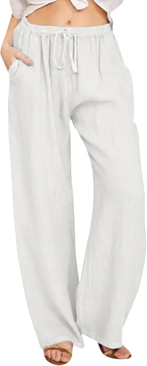Linen Pants Women Summer High Waisted Drawstring Lounge Pants Wide Leg Beach Casual Trousers with Pockets