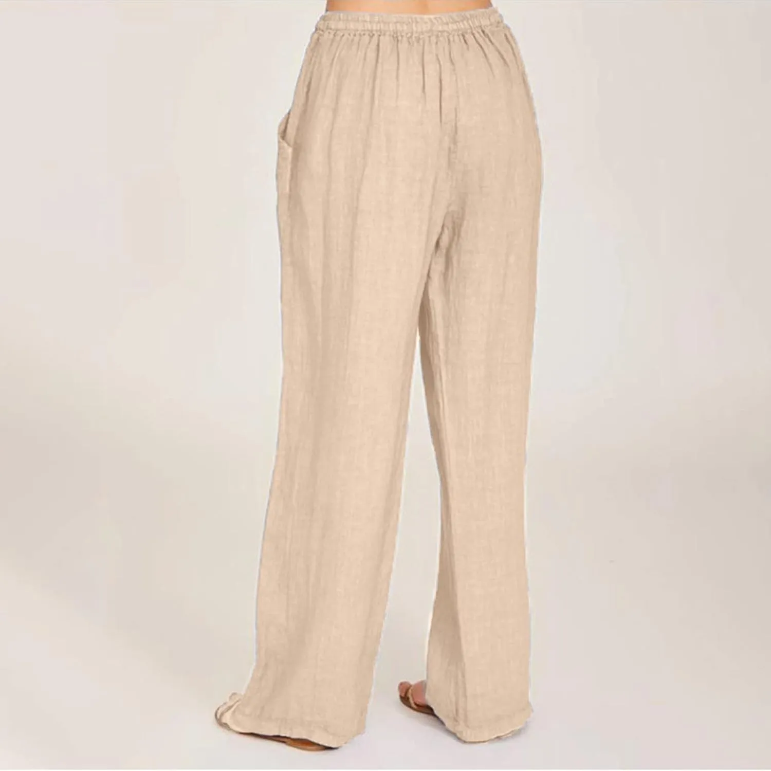 Linen Pants Women Summer High Waisted Drawstring Lounge Pants Wide Leg Beach Casual Trousers with Pockets
