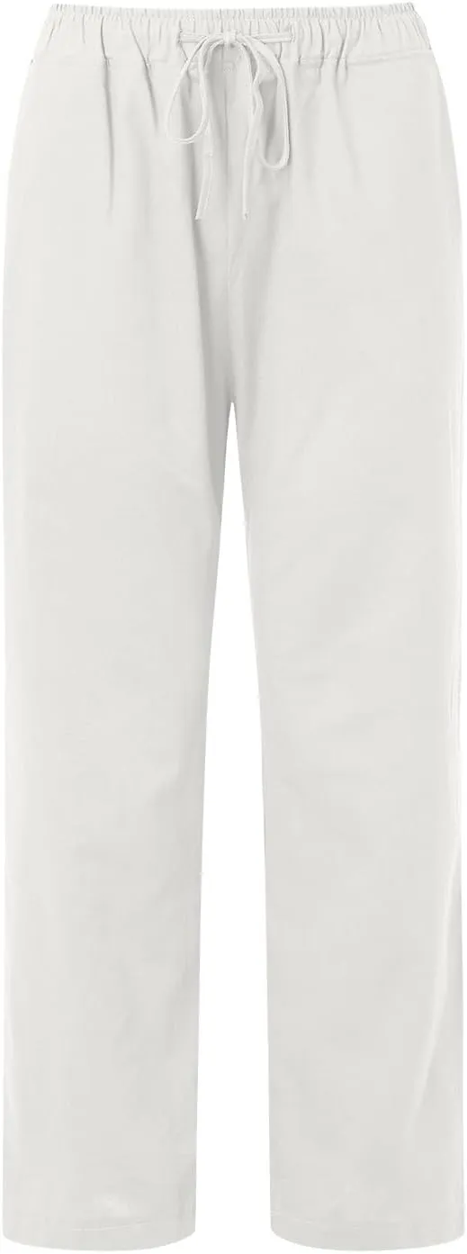 Linen Pants Women Summer High Waisted Drawstring Lounge Pants Wide Leg Beach Casual Trousers with Pockets