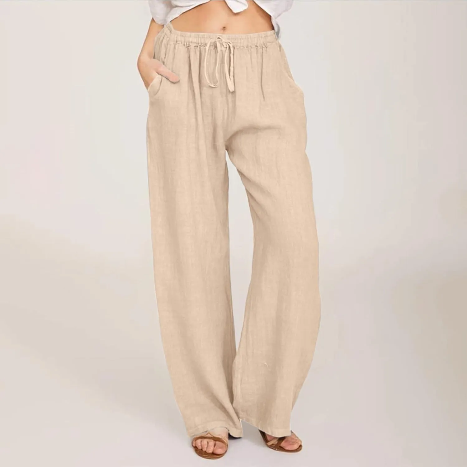Linen Pants Women Summer High Waisted Drawstring Lounge Pants Wide Leg Beach Casual Trousers with Pockets