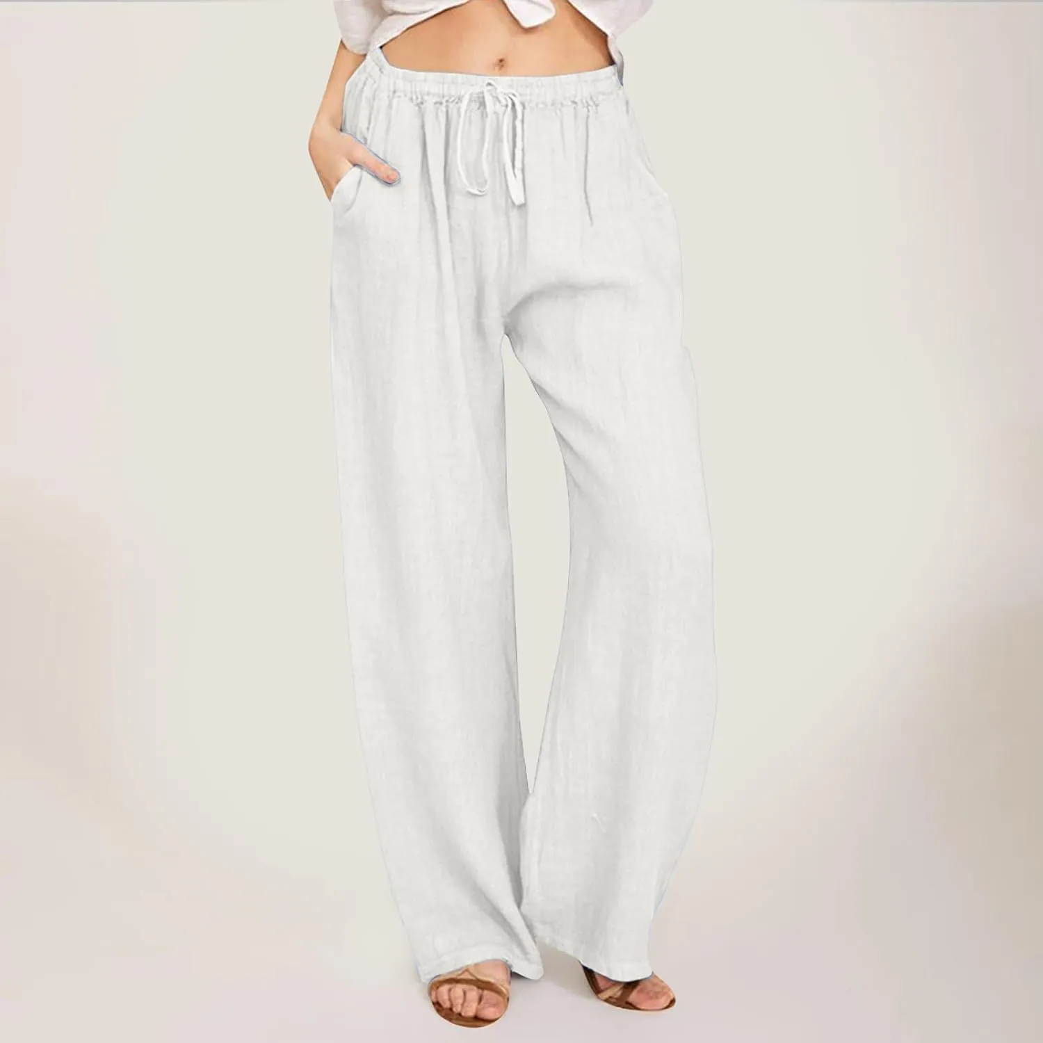Linen Pants Women Summer High Waisted Drawstring Lounge Pants Wide Leg Beach Casual Trousers with Pockets