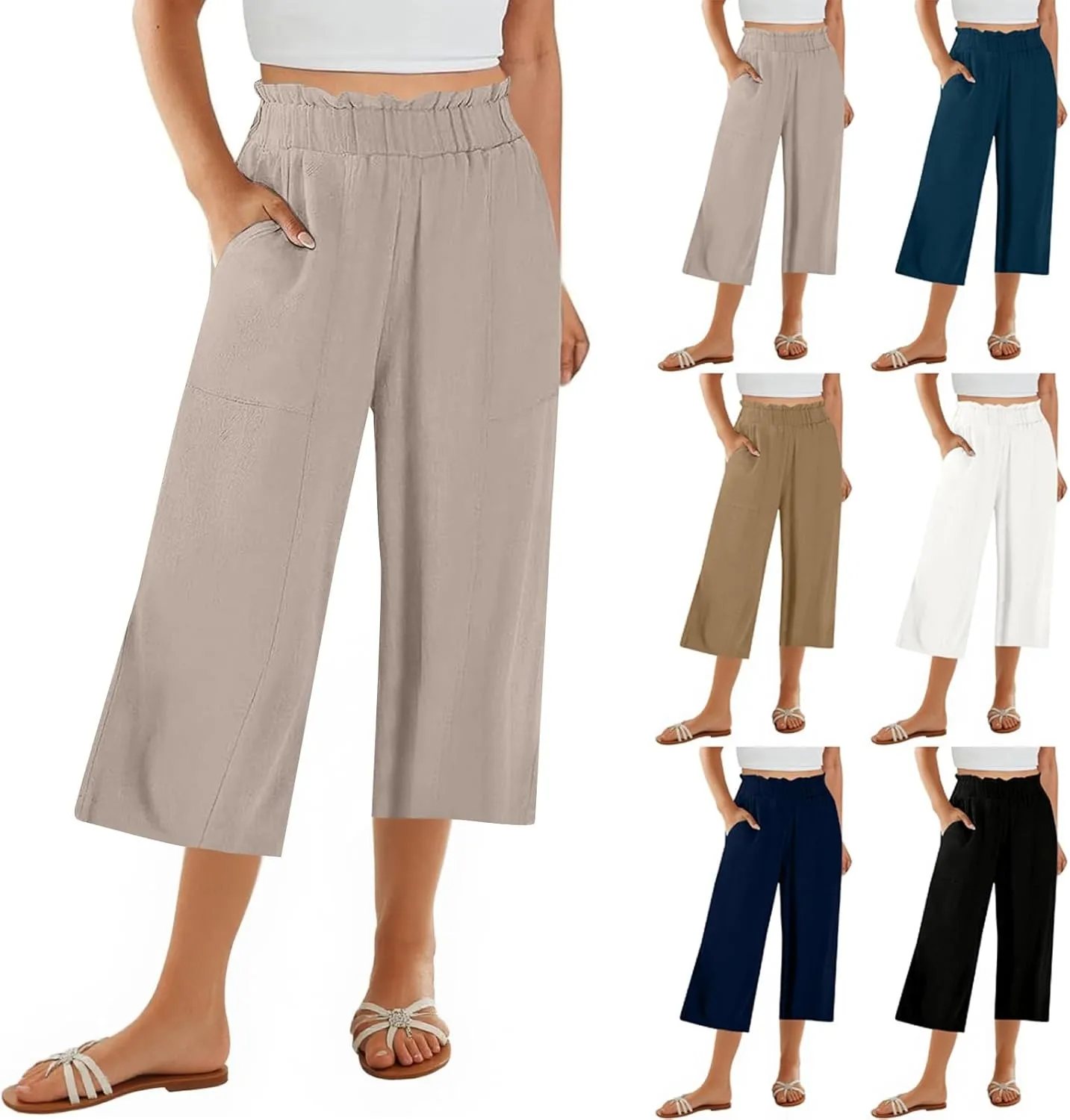 Linen Pants Women Summer Wide Leg Capri Pants High Waisted Capris Loose Palazzo Pant Cropped Trousers