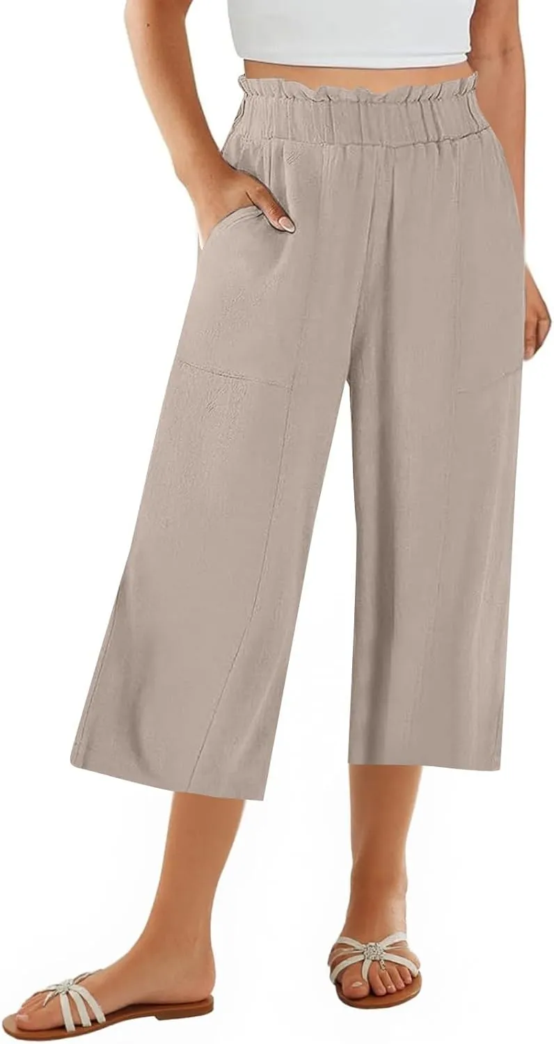 Linen Pants Women Summer Wide Leg Capri Pants High Waisted Capris Loose Palazzo Pant Cropped Trousers