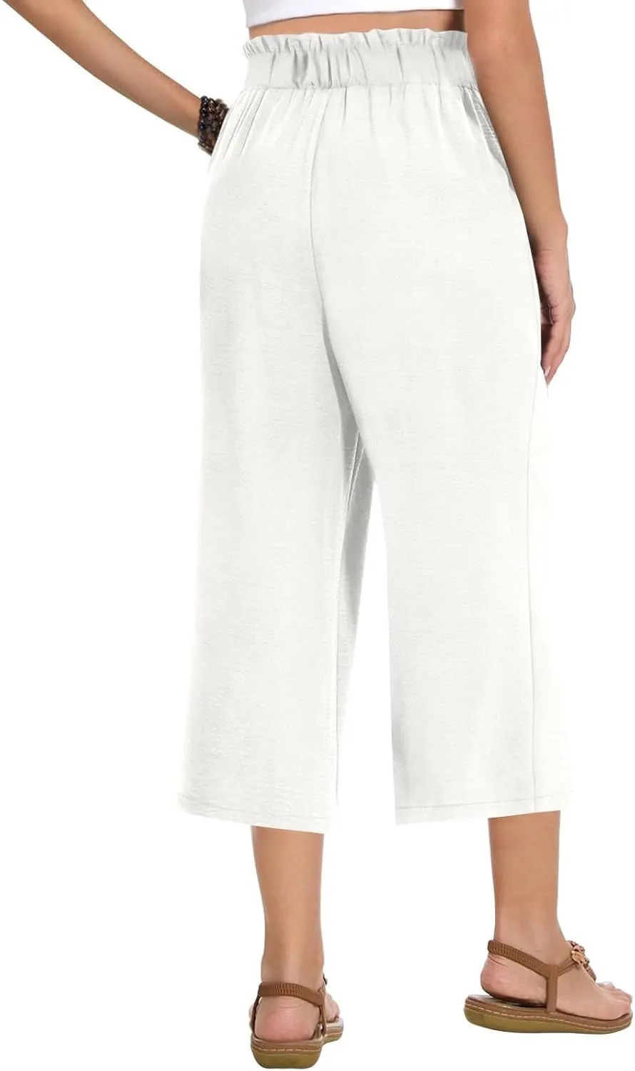Linen Pants Women Summer Wide Leg Capri Pants High Waisted Capris Loose Palazzo Pant Cropped Trousers