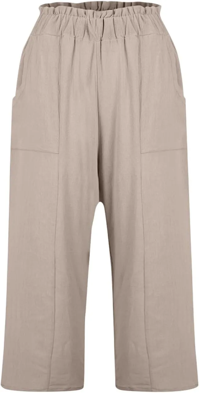 Linen Pants Women Summer Wide Leg Capri Pants High Waisted Capris Loose Palazzo Pant Cropped Trousers