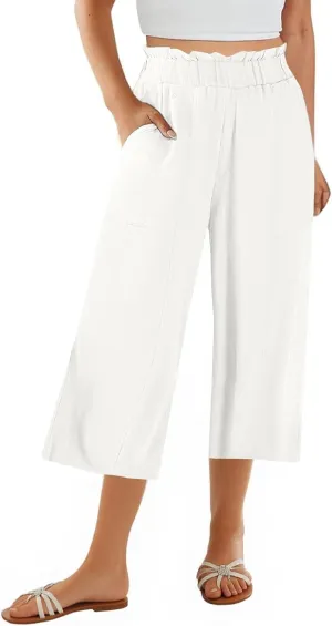 Linen Pants Women Summer Wide Leg Capri Pants High Waisted Capris Loose Palazzo Pant Cropped Trousers