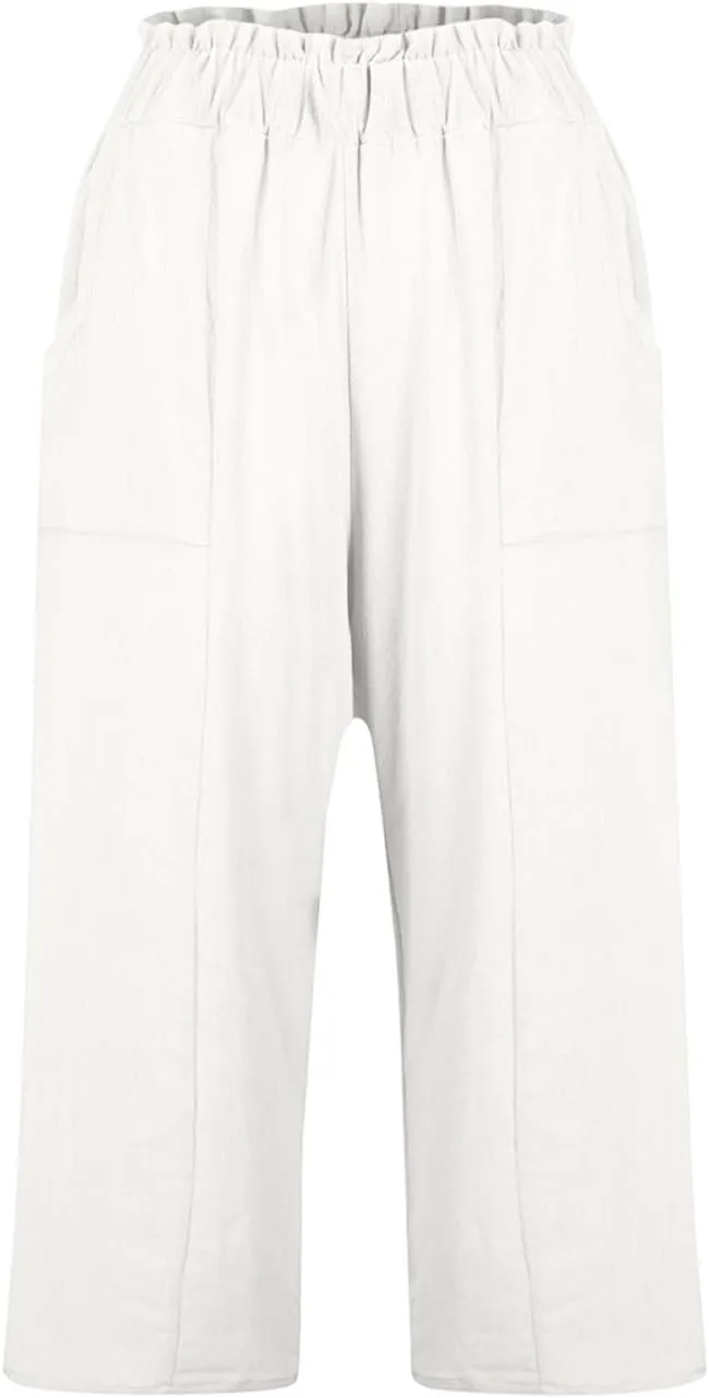 Linen Pants Women Summer Wide Leg Capri Pants High Waisted Capris Loose Palazzo Pant Cropped Trousers