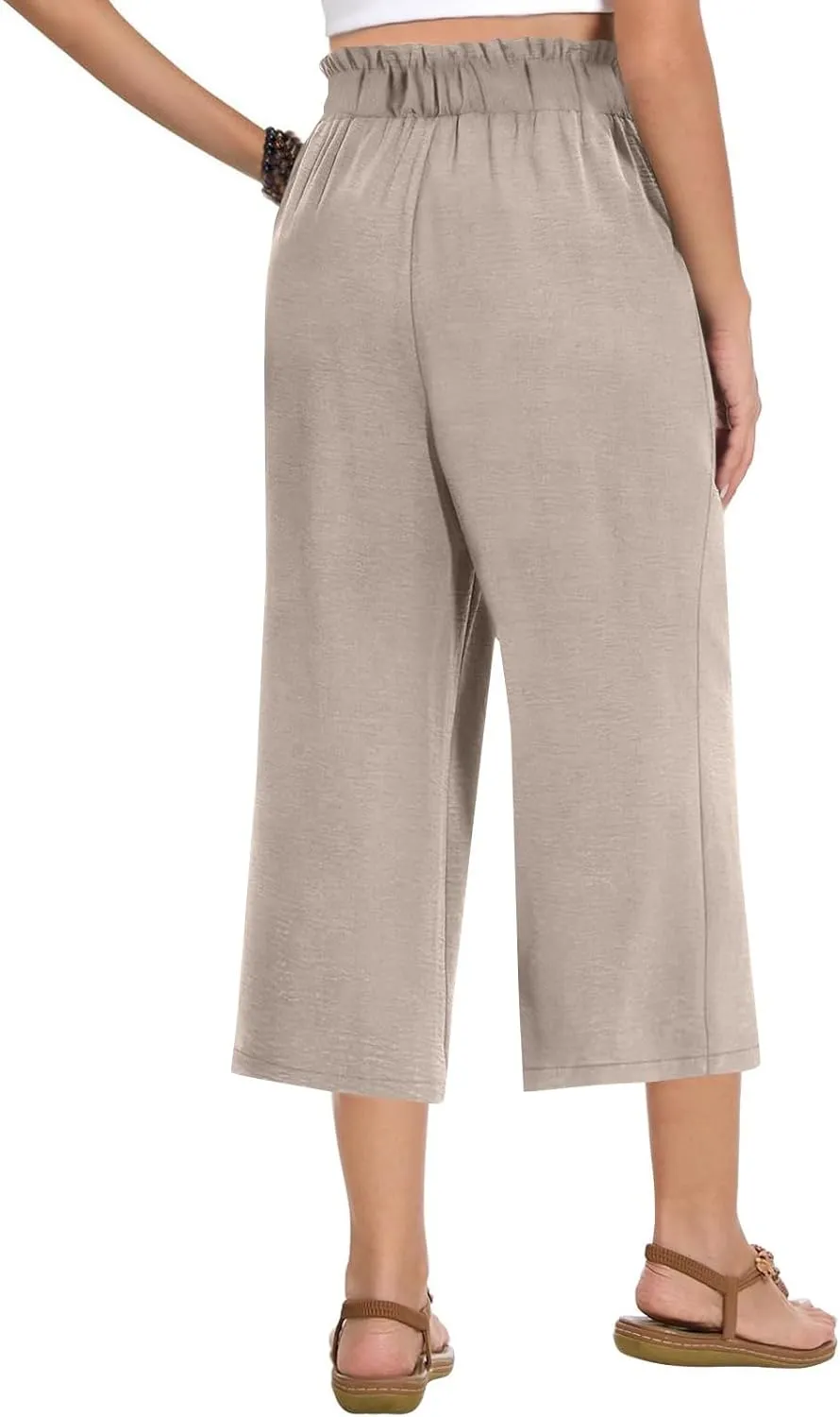 Linen Pants Women Summer Wide Leg Capri Pants High Waisted Capris Loose Palazzo Pant Cropped Trousers