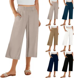 Linen Pants Women Summer Wide Leg Capri Pants High Waisted Capris Loose Palazzo Pant Cropped Trousers