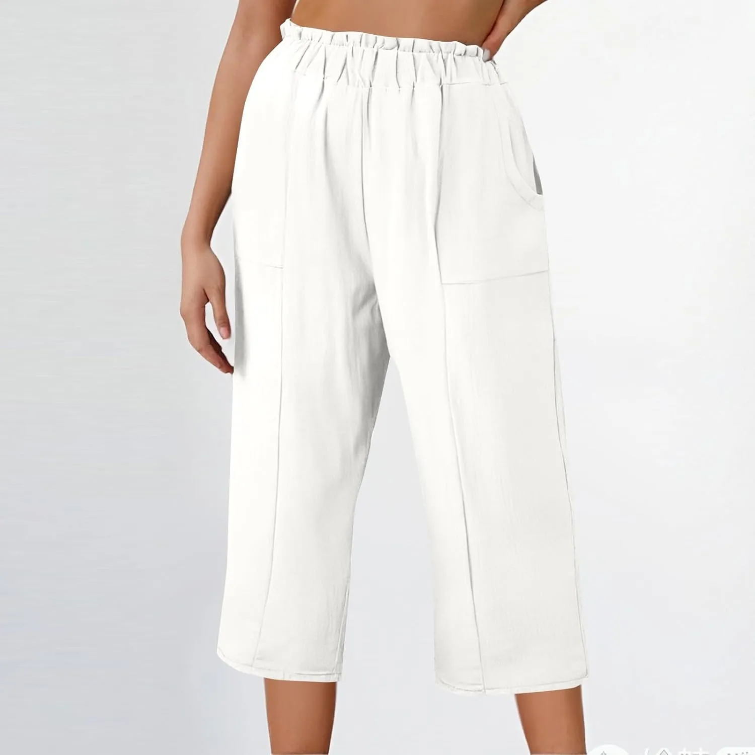 Linen Pants Women Summer Wide Leg Capri Pants High Waisted Capris Loose Palazzo Pant Cropped Trousers