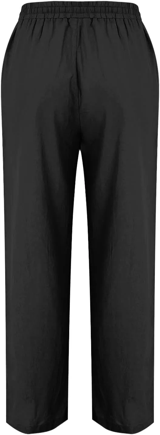 Linen Pants Women Summer Wide Leg Casual Cotton Pants High Waisted Drawstring Lounge Pants Loose Fit Beach Trousers