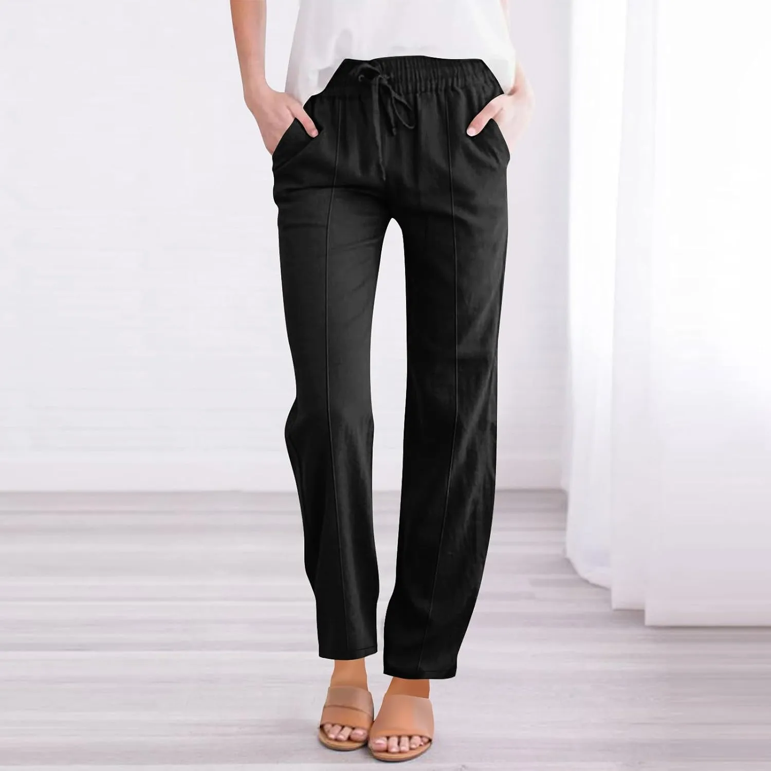 Linen Pants Women Summer Wide Leg Casual Cotton Pants High Waisted Drawstring Lounge Pants Loose Fit Beach Trousers