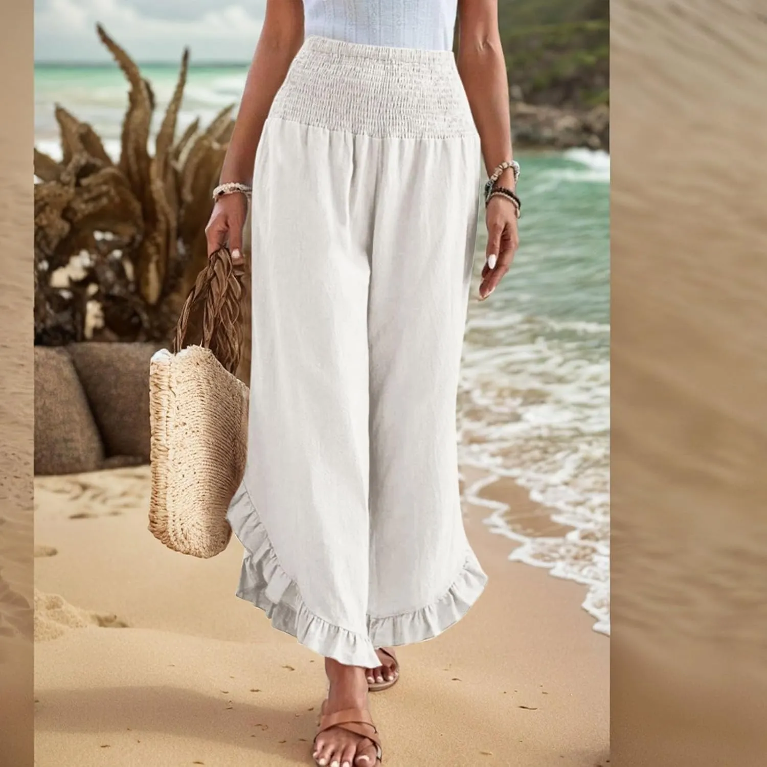 Linen Pants Women Summer Wide Leg Pants Casual Solid Color Elastic Smocked Waist Ruffle Hem Pant Boho Flowy Beach Pant
